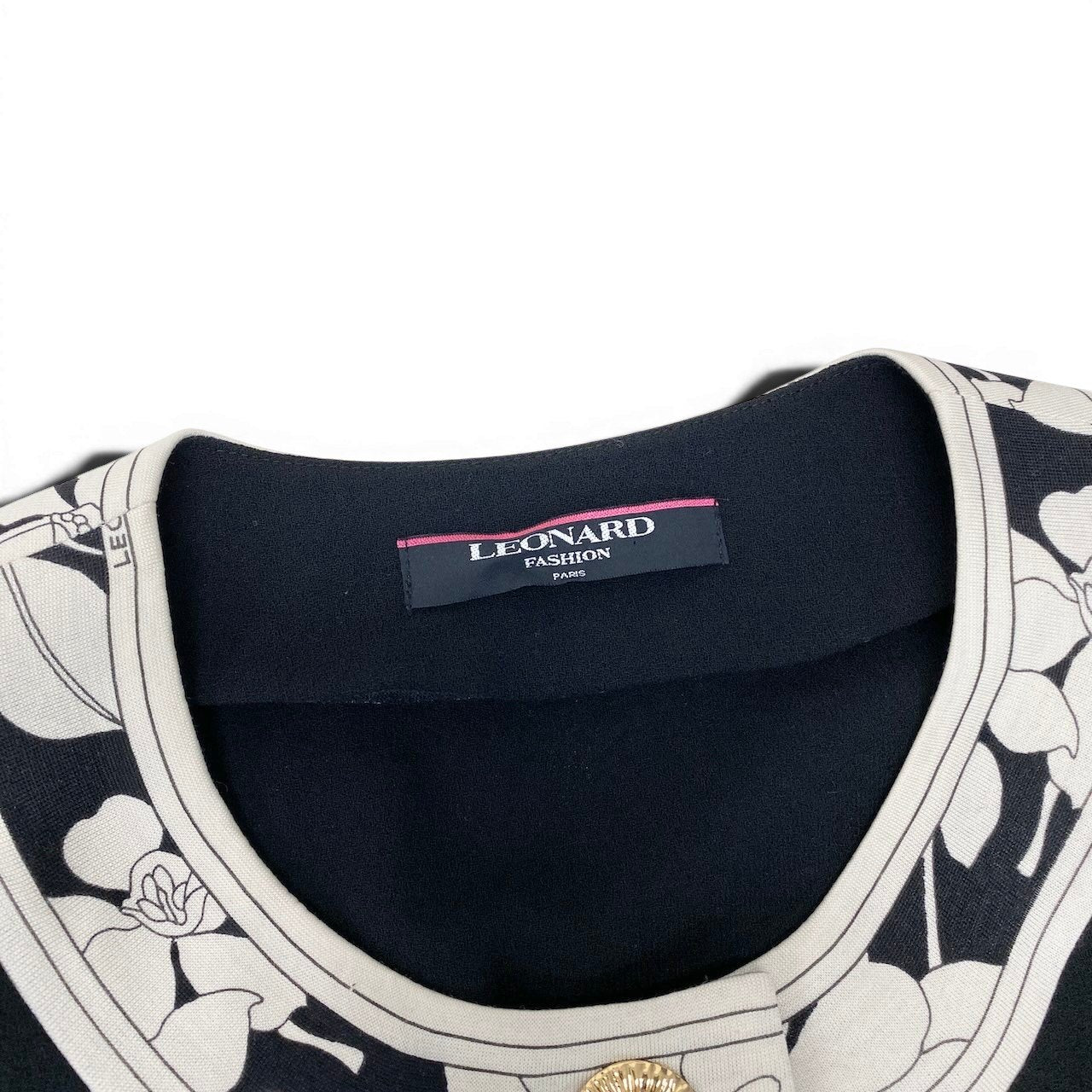 37e28 LEONARD FASHION レオナール ノーカラーコート ロングコート ロゴ金ボタン 花柄プリント 薄手 9R ブラック ウール シルク レディース 女性服o07t