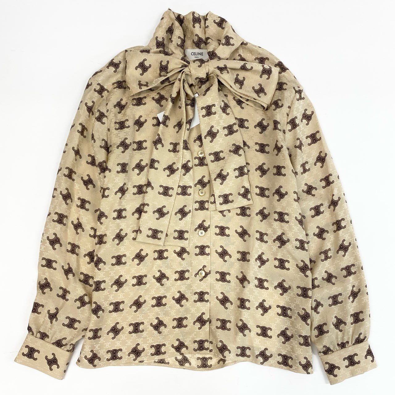 8i22 【未使用品】 CELINE セリーヌ 23SS ラヴァリエール トリオンフ シルクブラウス 2B805812T 36 ベージュ マカダム シャツ タグ付きt18r
