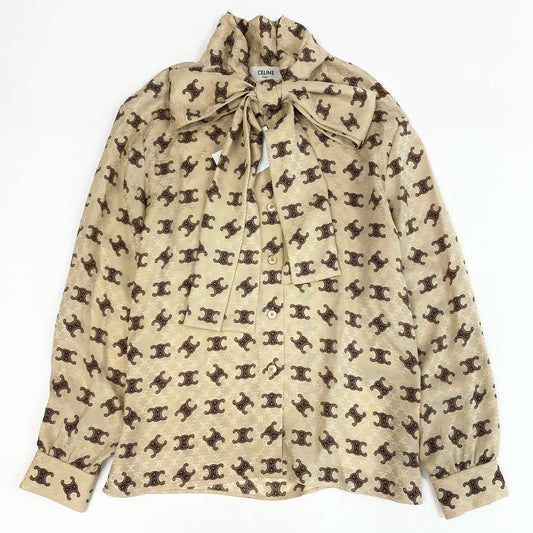 8i22 【未使用品】 CELINE セリーヌ 23SS ラヴァリエール トリオンフ シルクブラウス 2B805812T 36 ベージュ マカダム シャツ タグ付きt18r