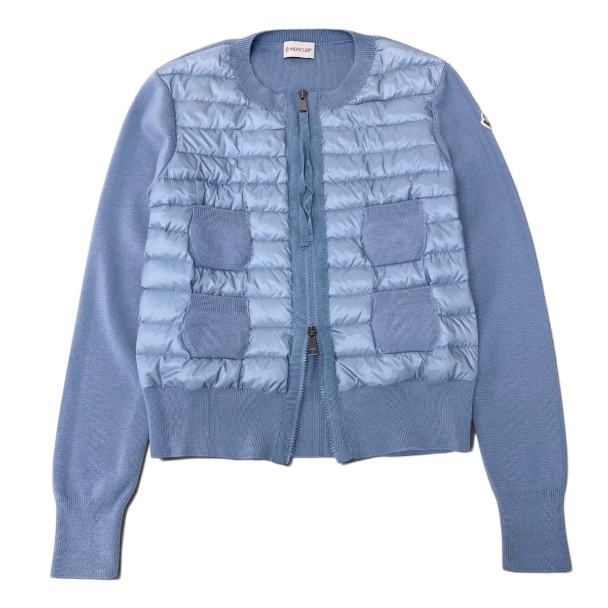 Ei13 MONCLER モンクレール  CARDIGAN TRICOT カーディガン トリコット ダウン ロゴワッペン XS ライトブルー レディース 女性用k02i