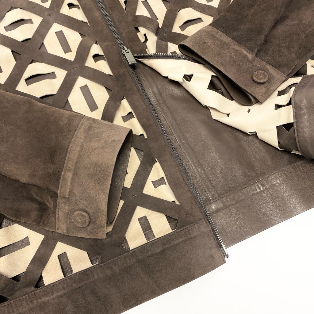 29a9 FENDI フェンディ レザージャケット スウェードレザー 本革 ダブルジップ  サイズ50 ブラウン ベージュ 羊革o07t