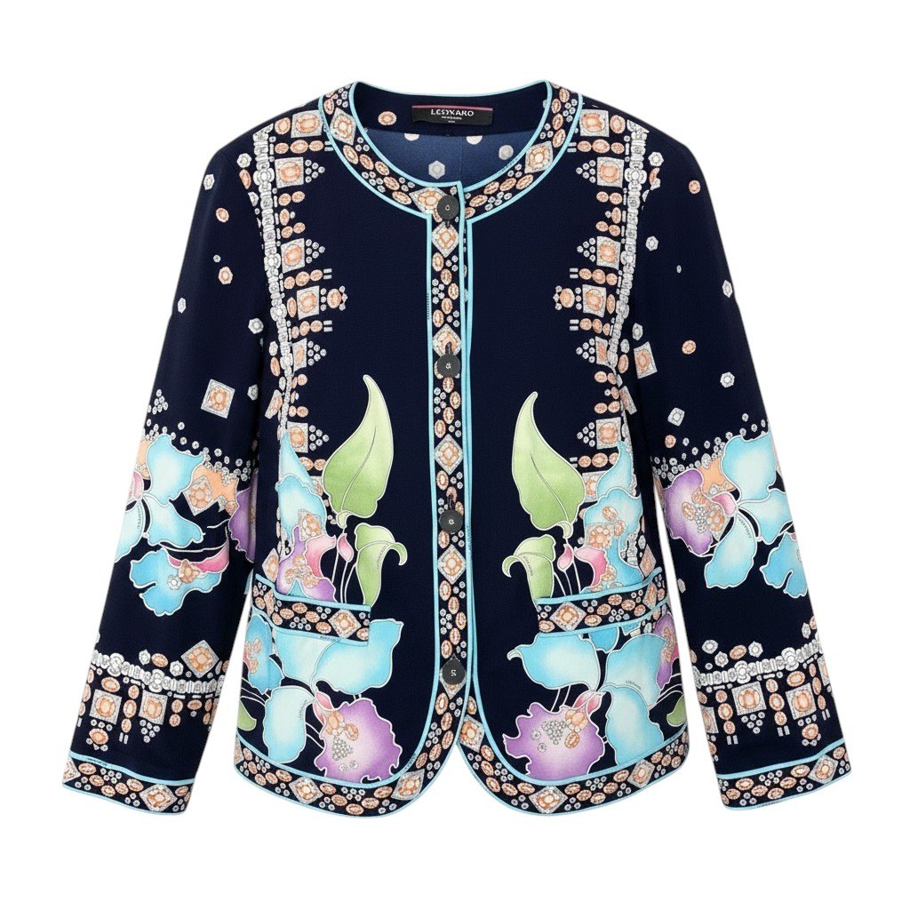 61e19 【美品】 LEONARD FASHION レオナール ロングスリーブカーディガン カンカン素材 総柄プリント ロゴボタン 0159418 サイズL ネイビー レディース 女性用u02t