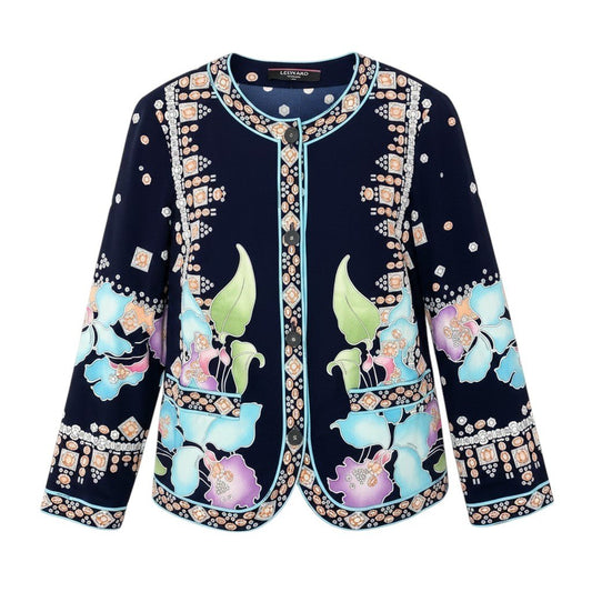 61e19 【美品】 LEONARD FASHION レオナール ロングスリーブカーディガン カンカン素材 総柄プリント ロゴボタン 0159418 サイズL ネイビー レディース 女性用u02t