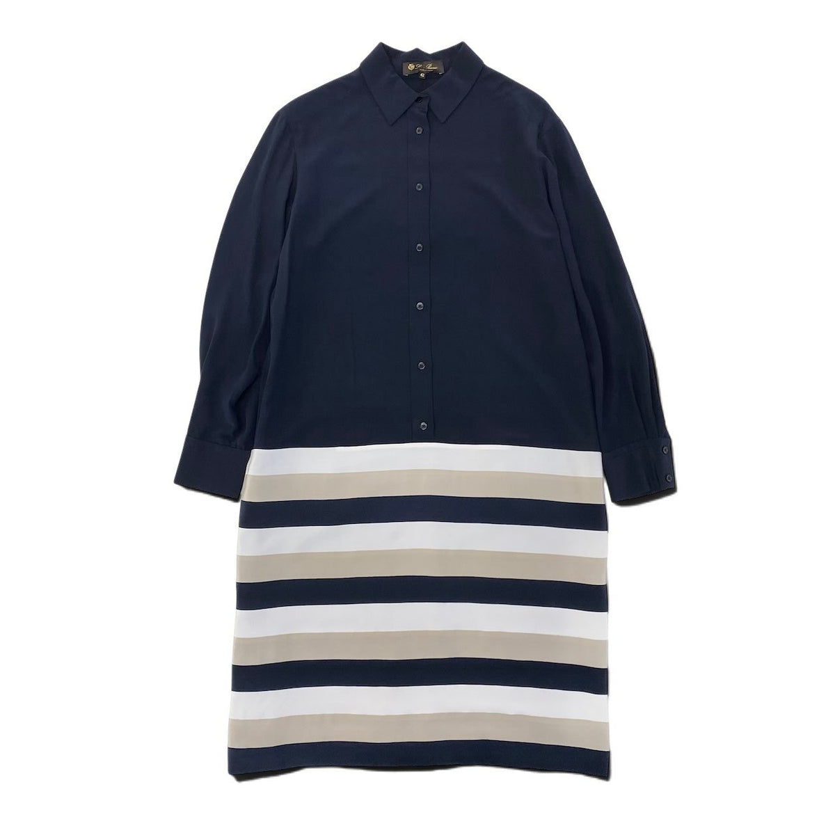 19i26 《極美品》 Lolo Piana ロロピアーナ 長袖ワンピース 薄手 シルクワンピース シフォン イタリア製 ボーダー 42 ブラック ベージュ  シルク100％ レディース 女性用u02t