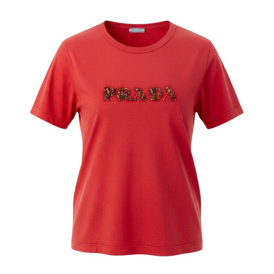 12d27 PRADA プラダ フロントロゴ カットソー  クルーネック 半袖Tシャツ ビーズロゴ レッド コットン100％ メンズ 紳士服u02t