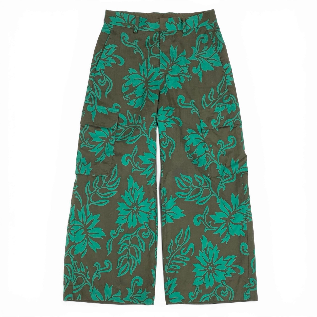 Aa14 sacai サカイ 24-07056 2024SS ハイビスカス ワイドレッグ カーゴパンツ サイズ2 ブラウン/グリーンk02i