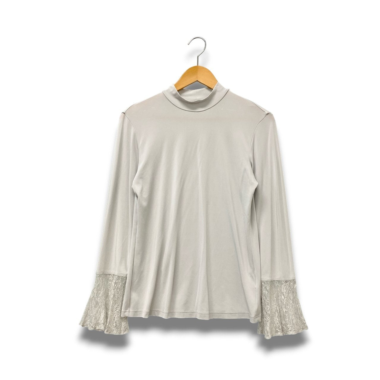 66c2 TOKUKO 1er VOL トクコプルミエヴォル モックネック 長袖カットソー トップス レーススリーブ 伸縮ストレッチ レディース 女性服 サイズ9 ライトグレーu02t