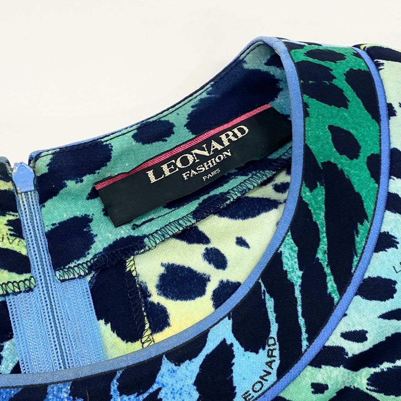 13f7 LEONARD FASHION レオナール カンカン素材 レオパード柄 長袖チュニック トップス ワンピース ドレス ロングスリーブ 日本製 Lサイズ グリーン ブルー トリアセテート ポリエステル