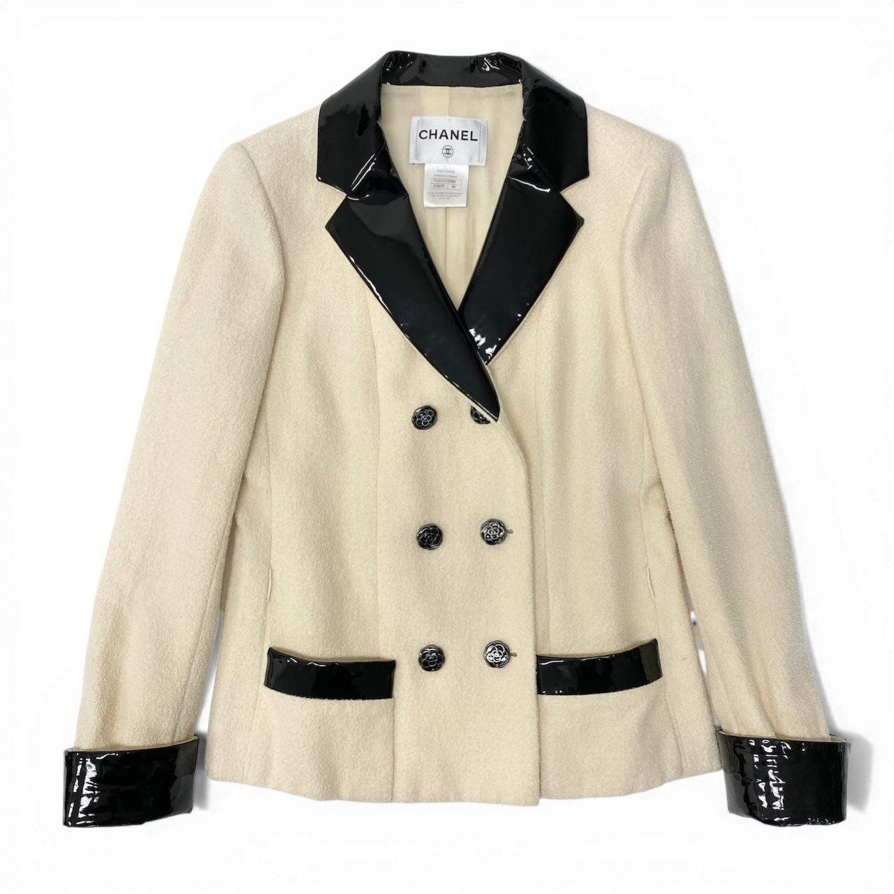 C CHANEL シャネル 16SS ツイードジャケト スプリングジャケット パテントレザー襟 カメリアボタン フランス製 38サイズ アイボリー ブラック レディース 女性用nu1