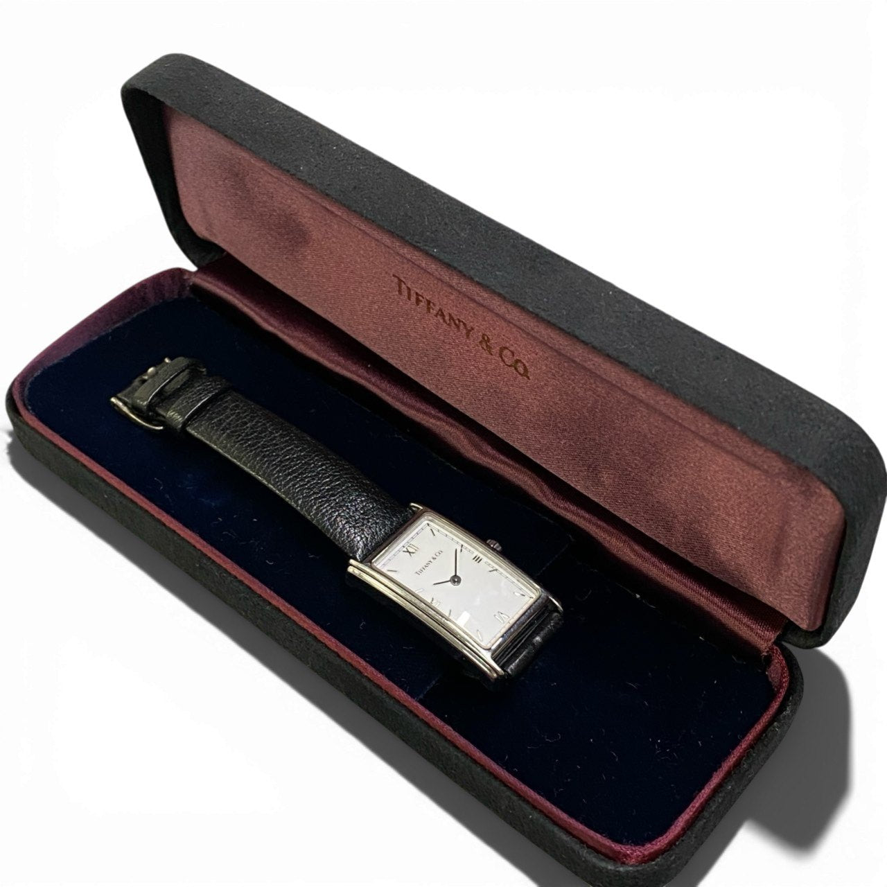 b12 TIFFANY&Co ティファニー 腕時計 レクタンギュラー クラシック L241 ホワイト ブラック レザー Rectangular Watch 動作〇 ケース付t18r