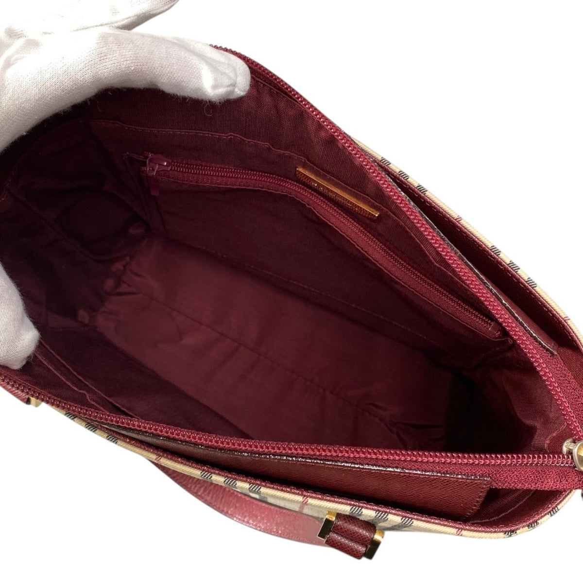 h13【美品】BURBERRY ハンドバッグ ノバチェック  ベージュ ボルドー キャンバス レザー レディース 女性用k02i