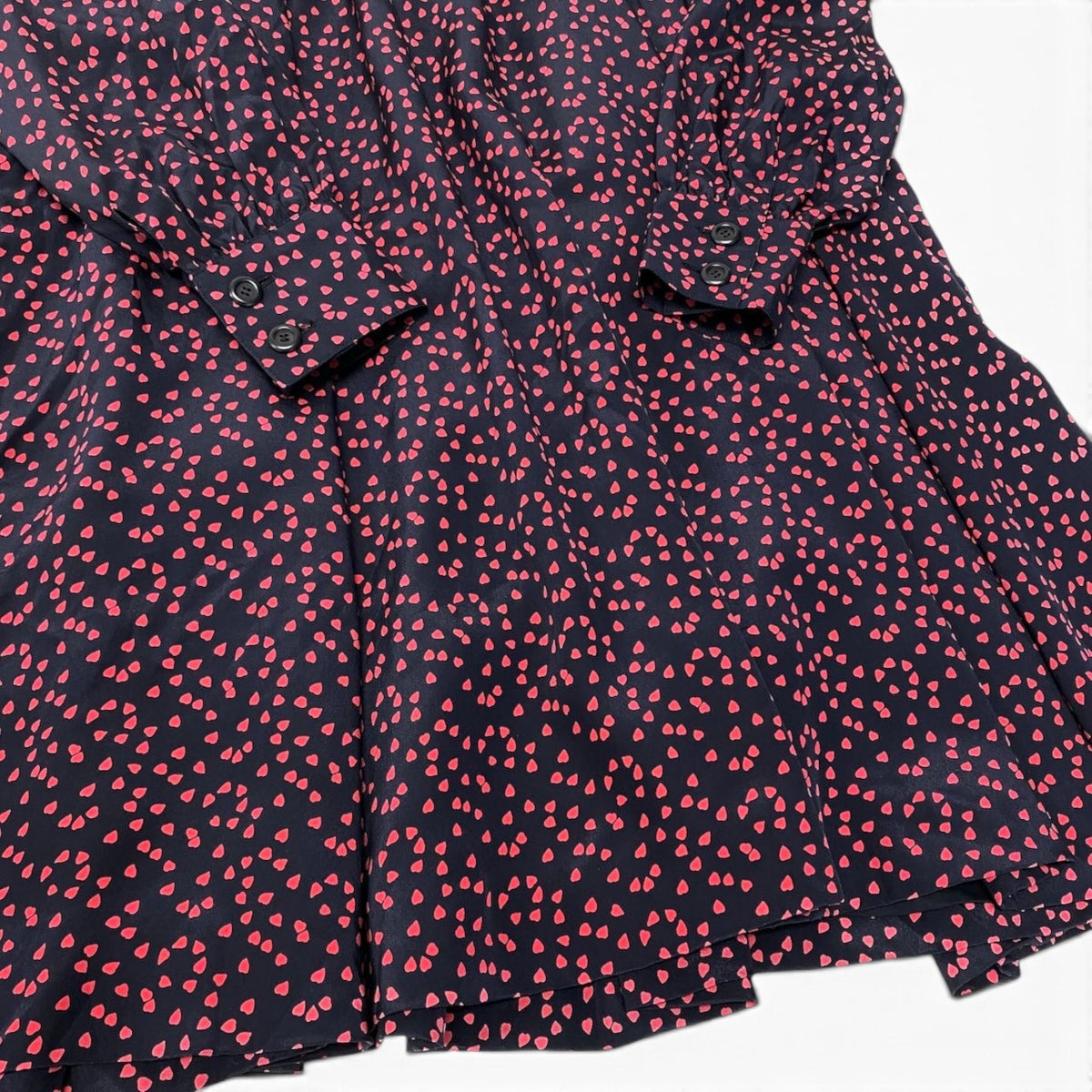 88i15 Christian Dior クリスチャンディオール ロングスリーブ シルクシャツワンピース 総柄 ハートプリント サイズ7 ネイビー レッド レディースo07t