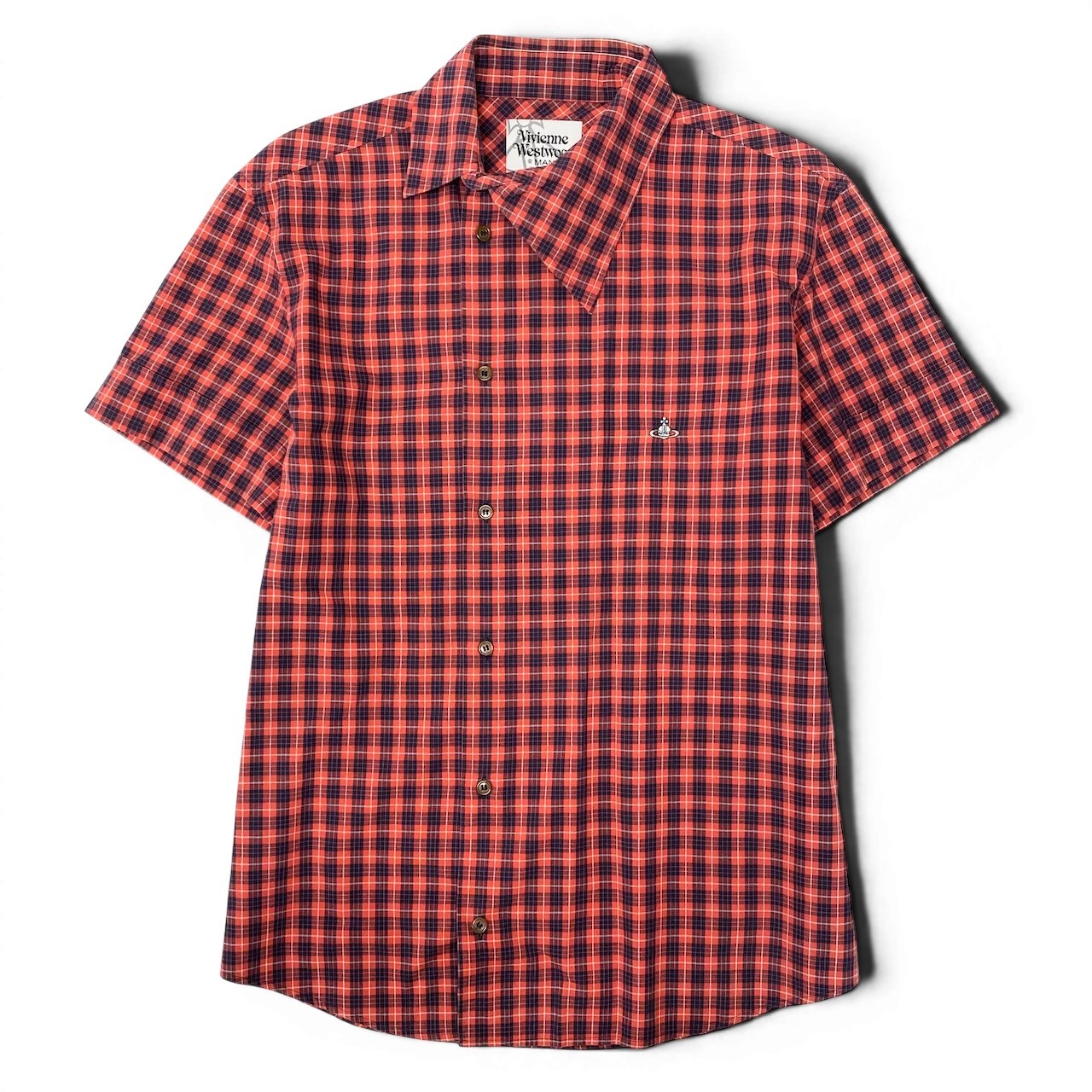 23e7 VivienneWestWood MAN ヴィヴィアンウエストウッドマン ロゴ刺繡 チェックシャツ 半袖シャツ サイズ50 レッド ネイビー コットン100％ メンズ 紳士服u02t