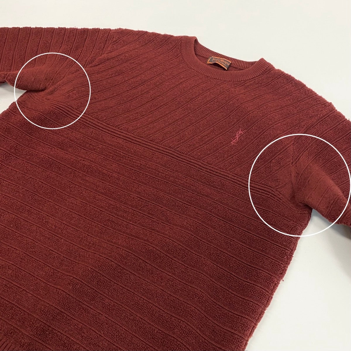 60f2 YVES SAINT LAURENT イヴサンローラン YSLロゴ刺繡 クルーネック ニットセーター サイズL ボルドー ウール100％ メンズ 紳士服o07t