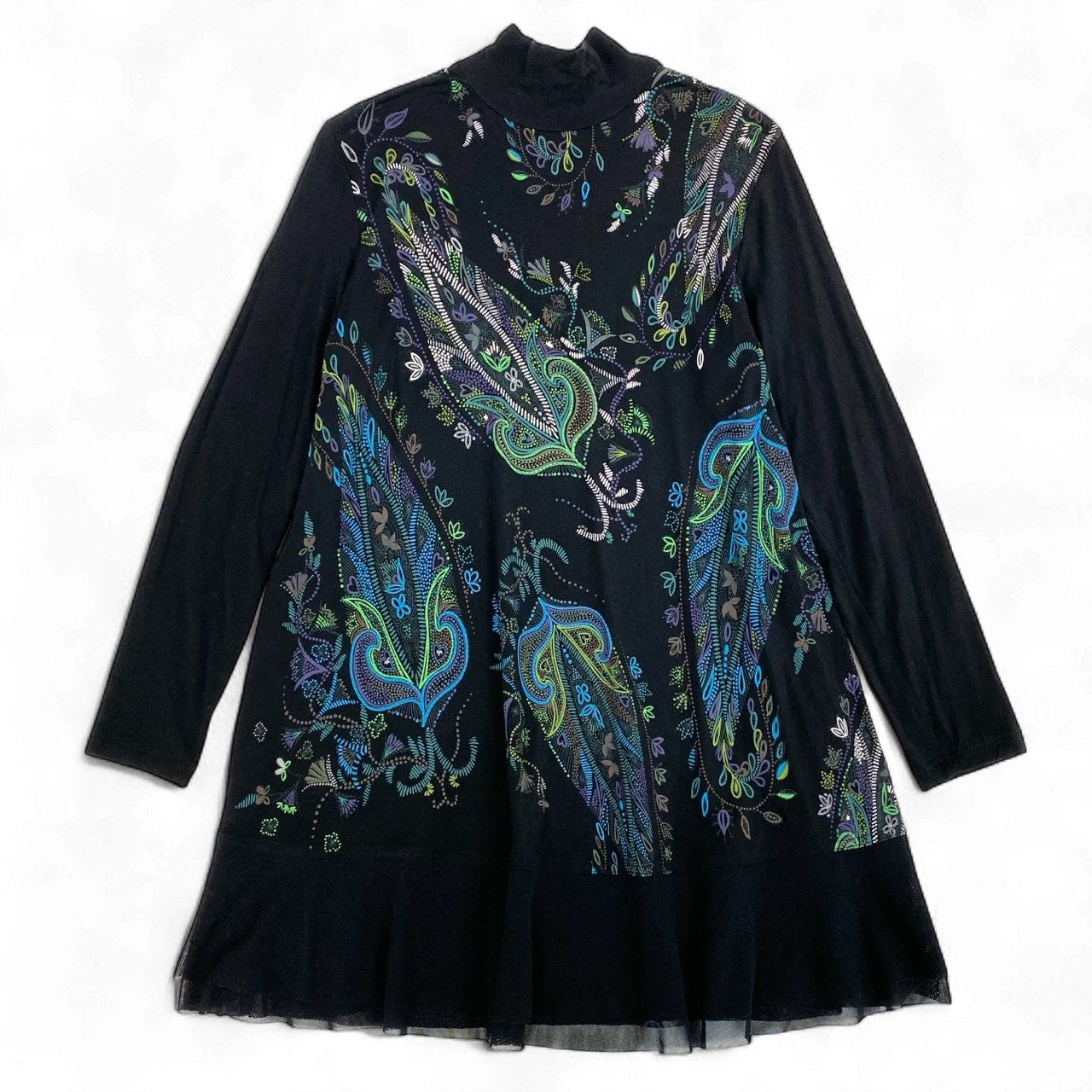 64k19《美品》 TOKUKO 1er VOL トクコプルミエヴォル ロングスリーブ ハイネックワンピース フレアワンピース 総柄プリント ストレッチ○ レディース 女性用 9 ブラックu02t