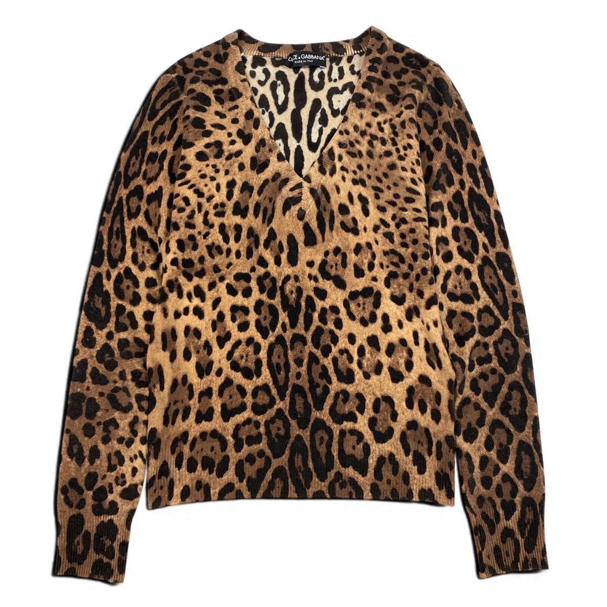 32f11 DOLCE&GABBANA ドルチェアンドガッバーナ レオパード柄 カシミヤニット Vネックセーター サイズ38 ブラウン ベージュ系 カシミア100％ レディース 女性用u02t