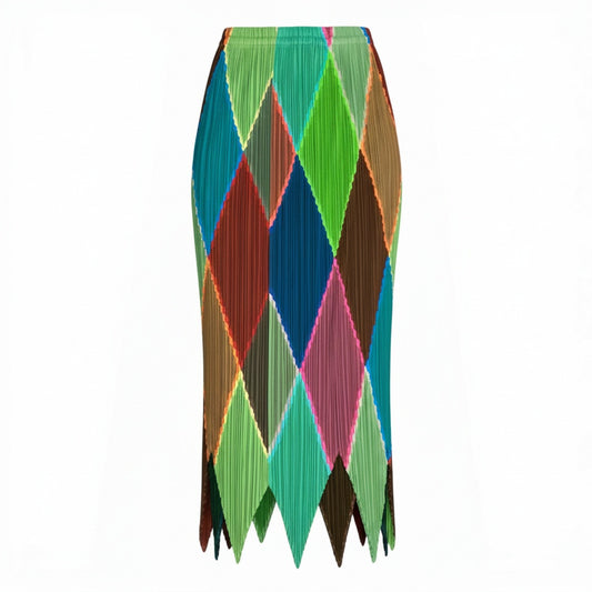 50b9 【美品】PLEATS PLEASE プリーツプリーズ プリーツロングスカート ダイヤ柄 カットワーク PP64-JG129 3サイズ マルチカラー ポリエステル100％ レディース 女性用k02i