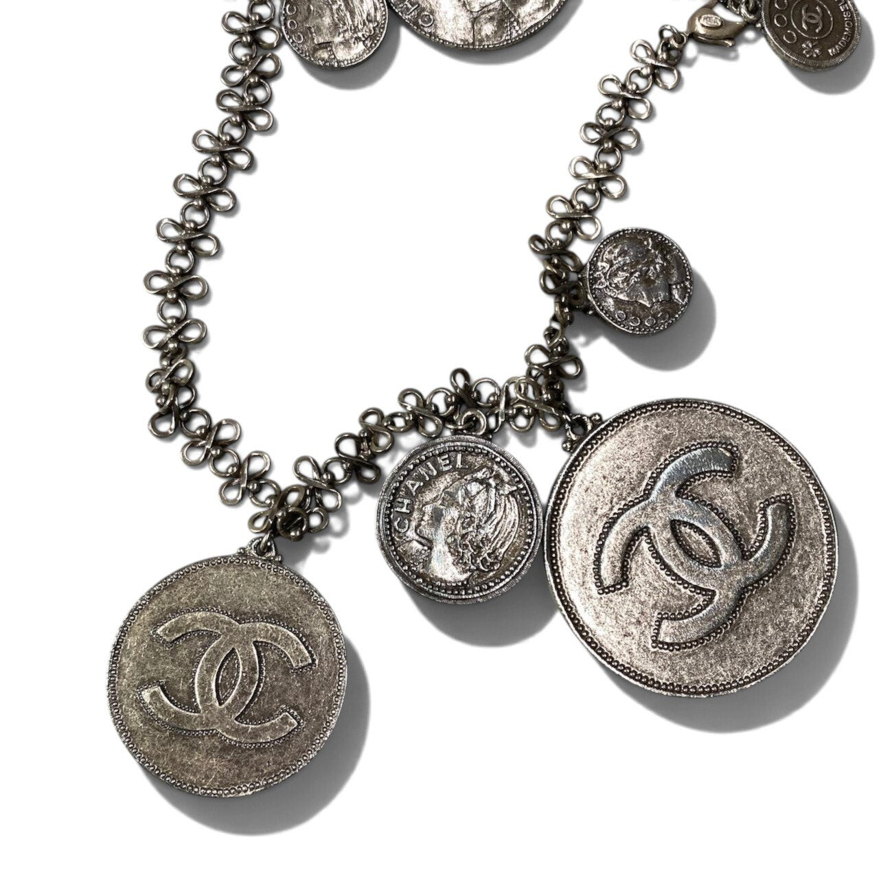 h20【美品】CHANEL 2003年 03P ヴィンテージ チェーンベルト ネックレス 大ぶり グレー レディース 女性用ta1