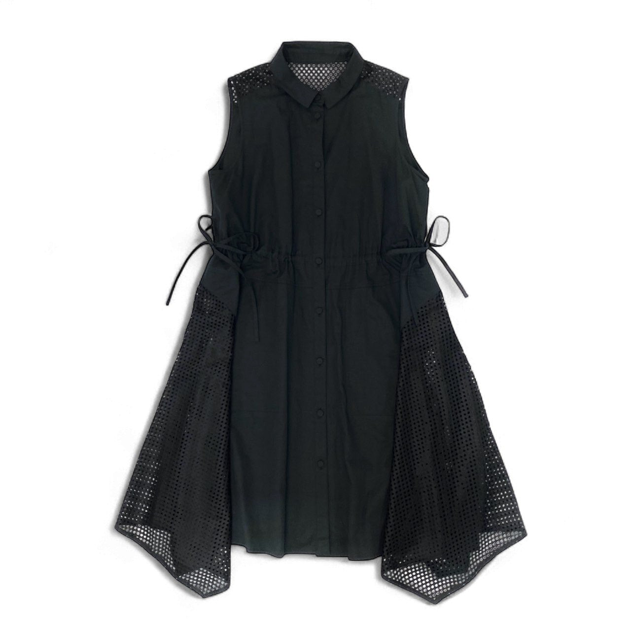 18k20 TOKUKO 1er VOL トクコプルミエヴォル ノースリーブシャツワンピース ロングシャツ カットワークレース サイドリボン コットンリネン レディース 女性用 9 ブラックu02t