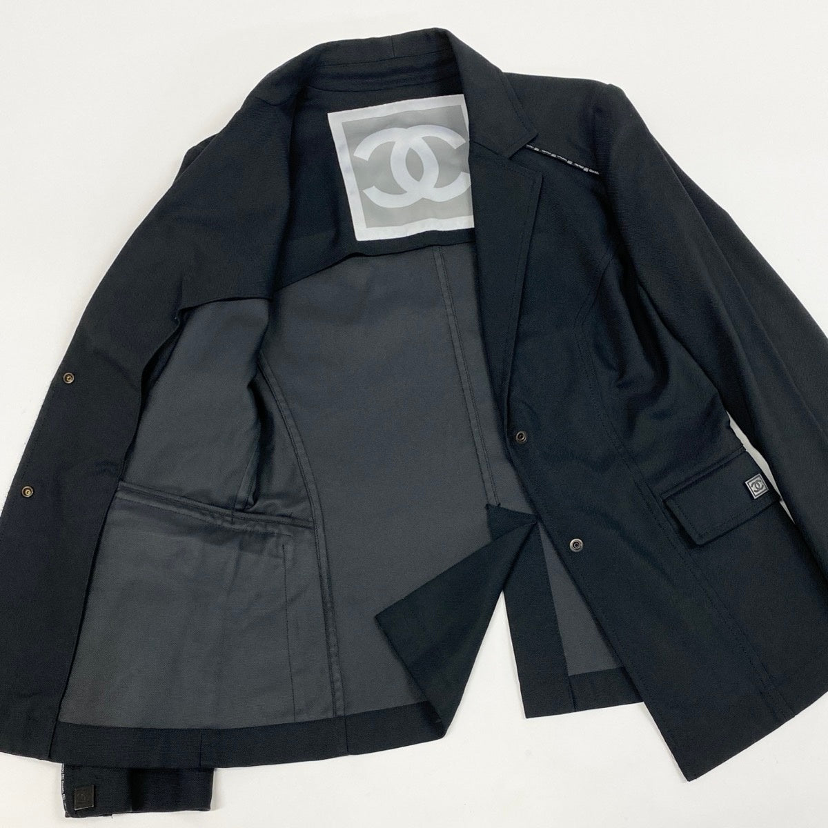 Cf29 CHANEL シャークスキン 04P スポーツライン ロゴパイピング ココマーク ジャケット サイズ38 ブラック レディースta1