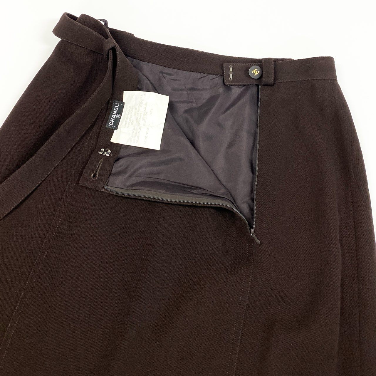 Cd10 Vintage CHANEL シャネル ココマークベルト フレアスカート 台形スカート P08071 42 ブラウン ウールu02t