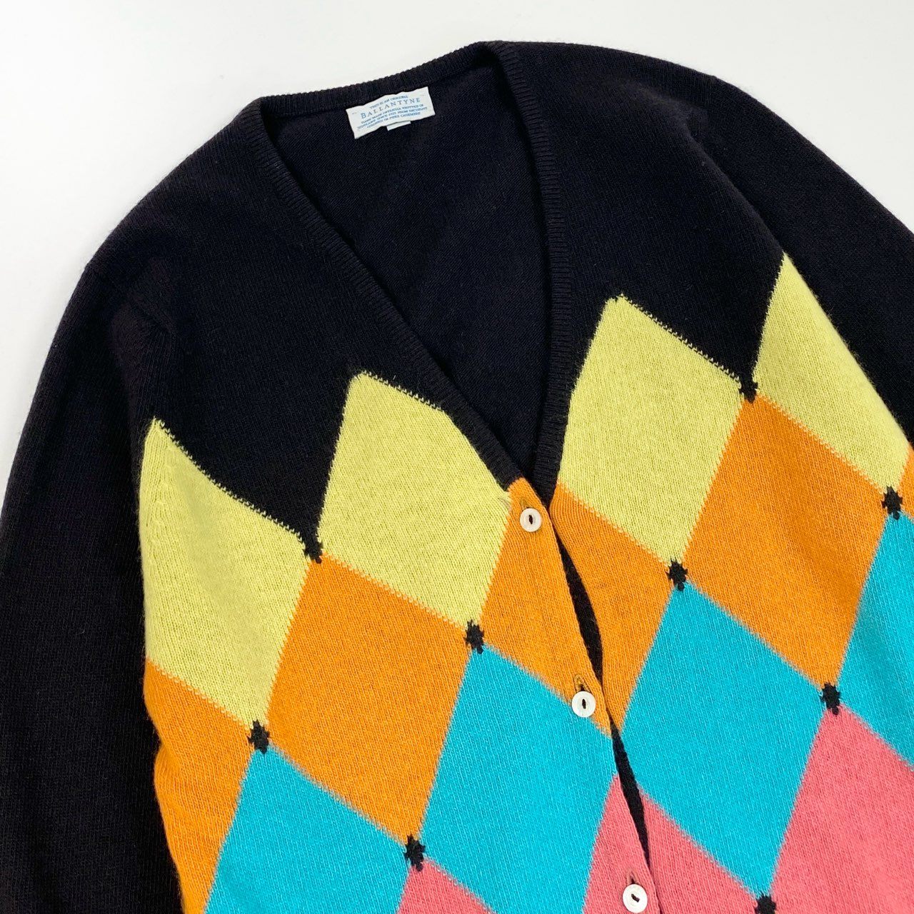 70b9 スコットランド製 BALLANTYNE バランタイン カシミヤ ニットカーディガン トップス 38 マルチカラー アーガイル柄 総カシミア レディースk02i