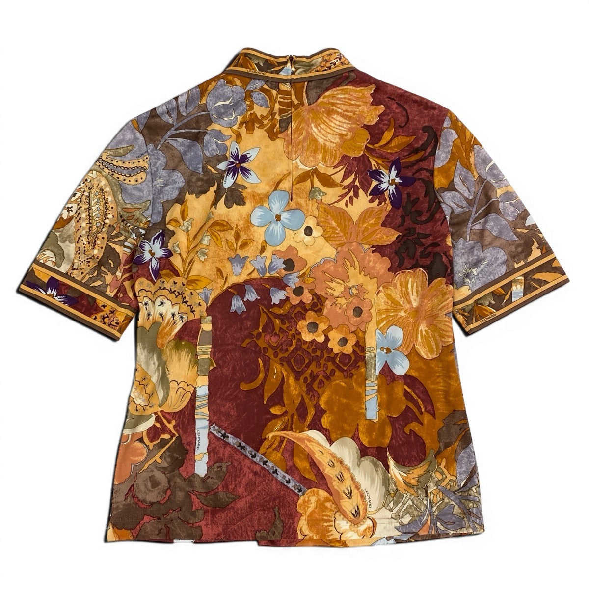 32f11 LEONARD FASHION レオナール モックネック ショートスリーブ カットソー カンカン素材 美しい花柄プリント サイズL マルチカラー レディース 女性服u02t