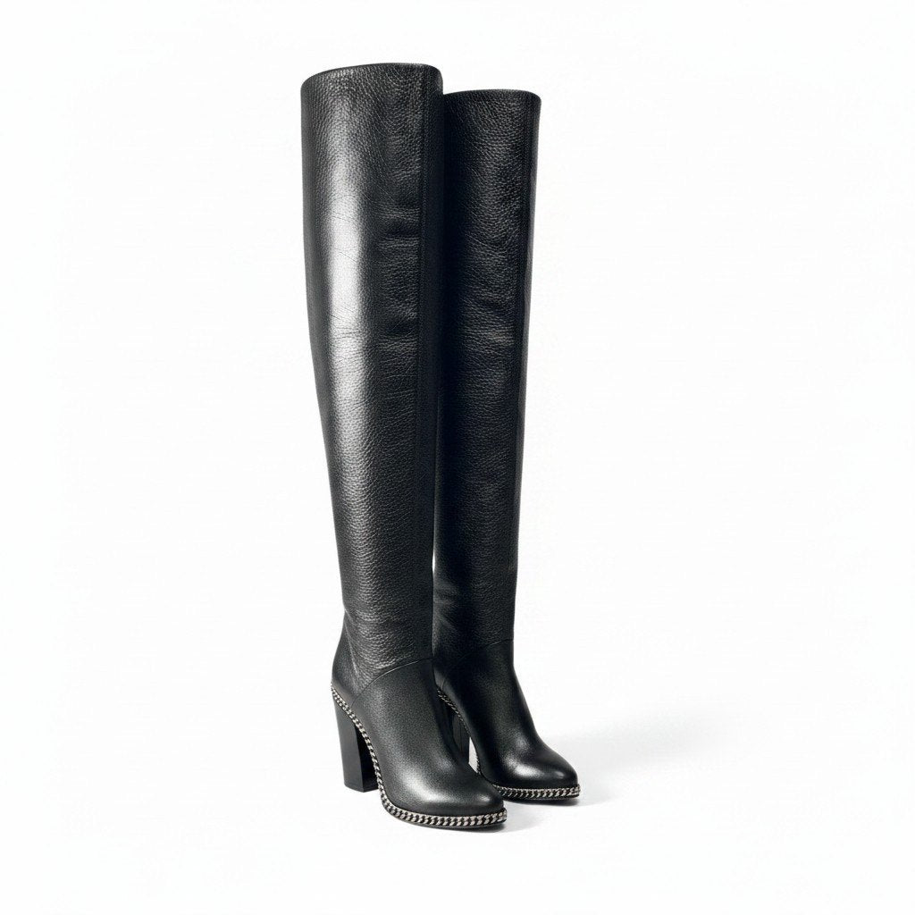 h10 【新品保管品】BALMAIN Emma エマ ニーハイブーツ メタルチェーン イタリア製 36サイズ ブラック レザー レディース 女性用k02i