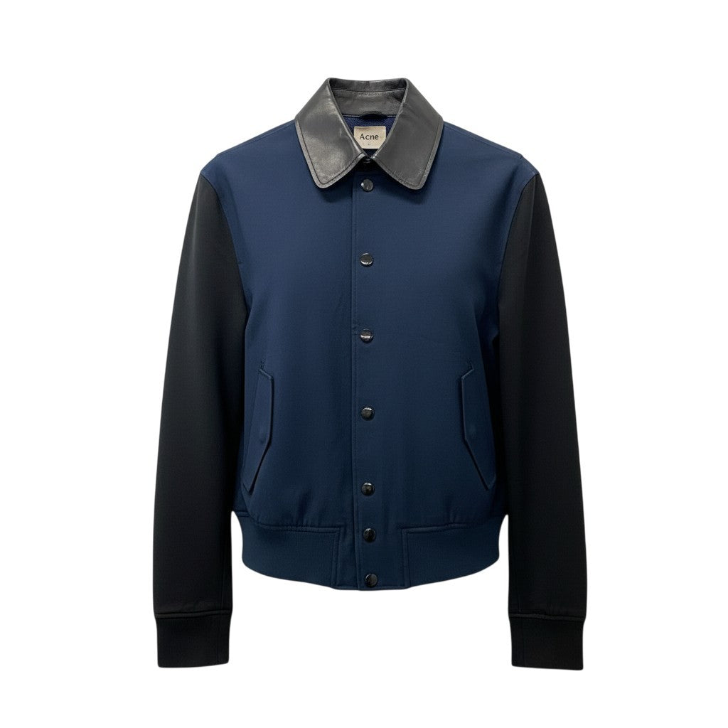 62a28 Acne アクネ オールド ブルゾンジャケット 襟レザー アウター 48サイズ ネイビー ポリエステル100％ 牛革 メンズu02t