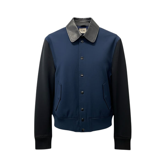 62a28 Acne アクネ オールド ブルゾンジャケット 襟レザー アウター 48サイズ ネイビー ポリエステル100％ 牛革 メンズu02t