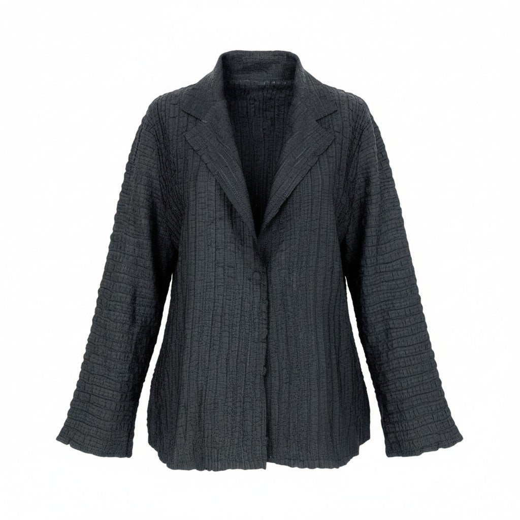 Ai20 ISSEY MIYAKE イッセイミヤケ シャーリング加工 ジャケット 日本製 カーディガン 羽織 2 ブラック ポリエステル レディースo07t
