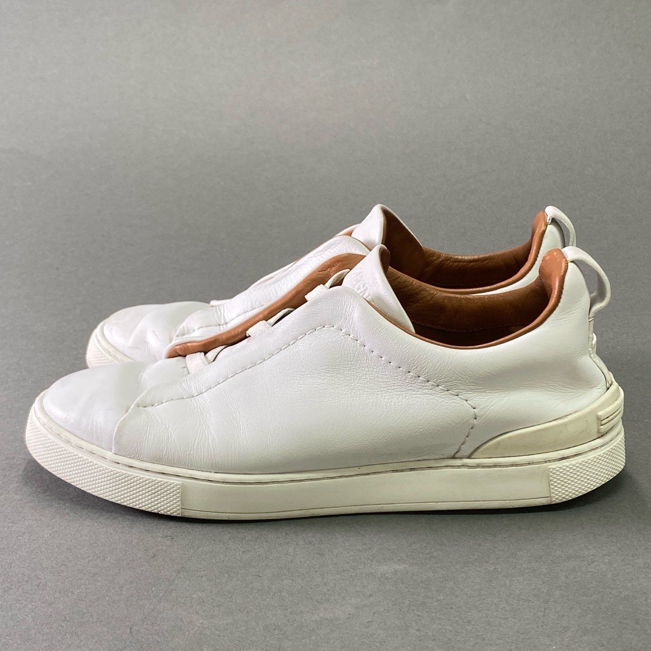 2f23 ZEGNA ゼニア TRIPLE STITCH トリプルステッチ レザースニーカー 7 1/2 ホワイト Leather シューズ 紳士靴 保存袋付き