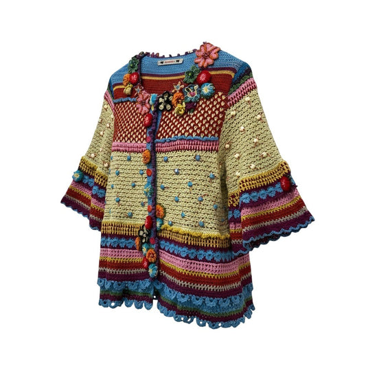 11a30 OLLEBOREBLA オレボレブラ アルベロベロ 透かし編みニットカーディガン ブタさん お花 ビーズ刺繍 マルチカラー レディース 女性用u02t