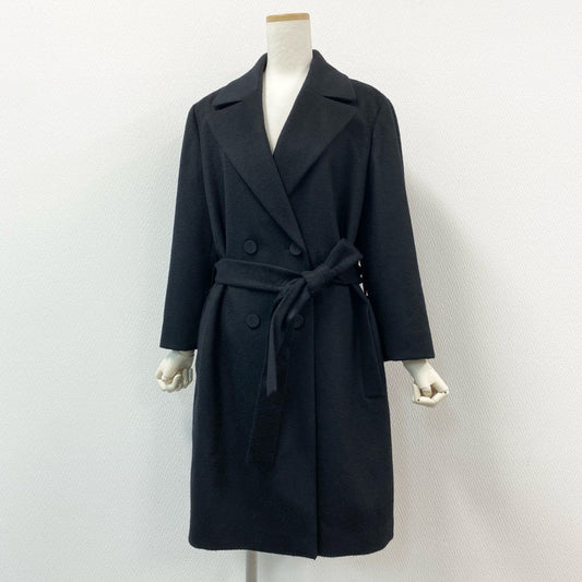 61g23 LANVIN COLLECTION ランバンコレクション 総カシミヤ ダブルプレスト チェスターコート ベルテッドロングコート 42 ブラック カシミア100 レディース