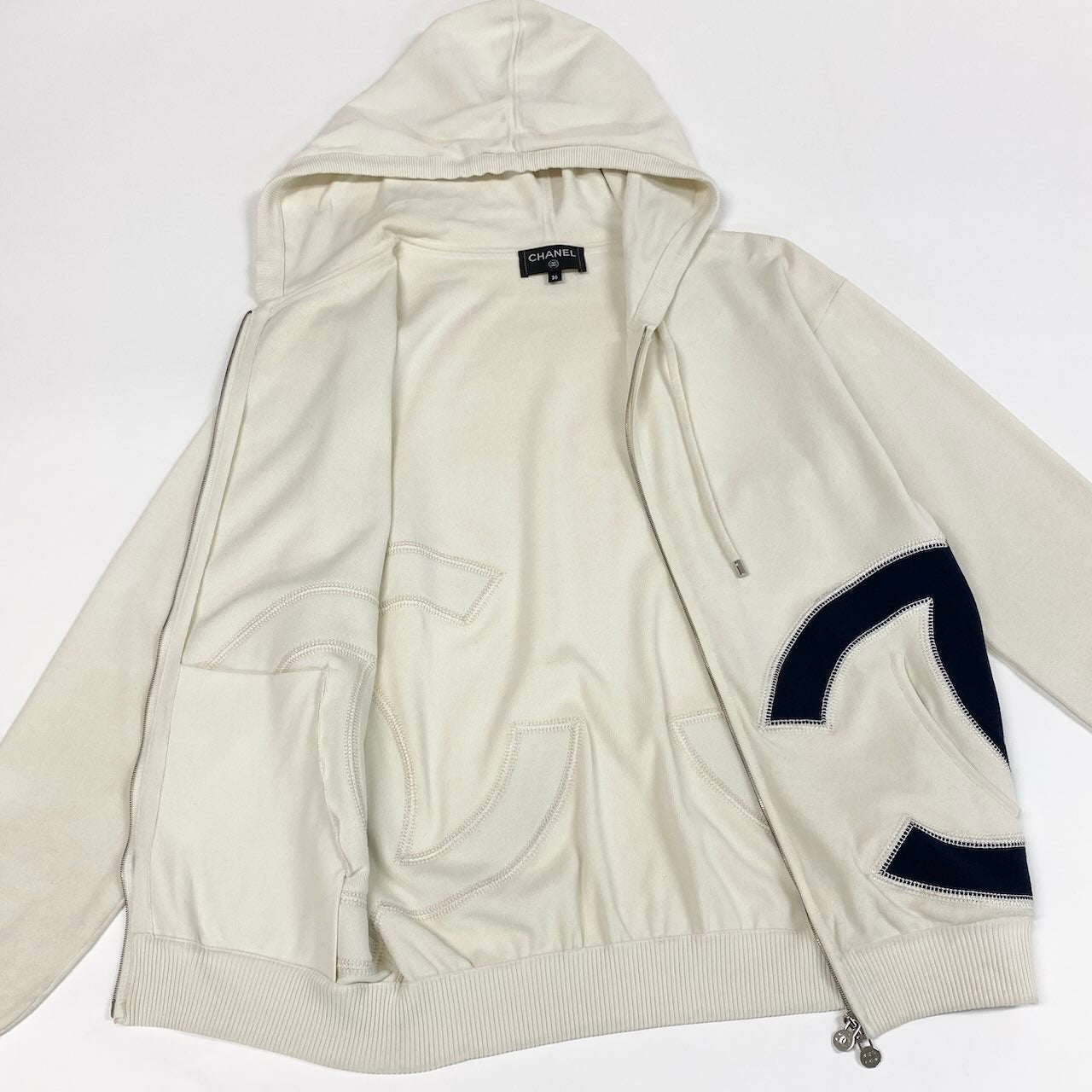 Ce1 CHANEL シャネル ココマーク ダブルジップパーカー ビッグロゴ  P58279K07662 サイズ36 ホワイト レディース 女性服k02i
