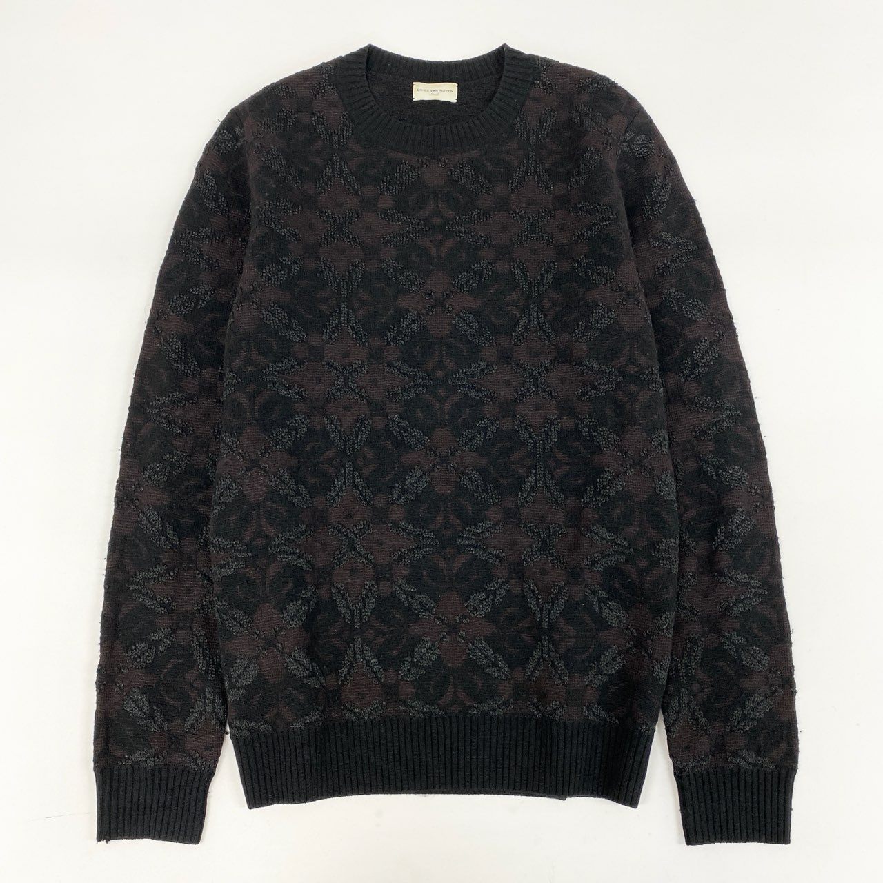 58i11 DRIES VAN NOTEN ドリスヴァンノッテン ニットセーター クルーネックニット 長袖ニット フラワーモチーフ メンズ 男性用 S ブラウン ブラックu02t
