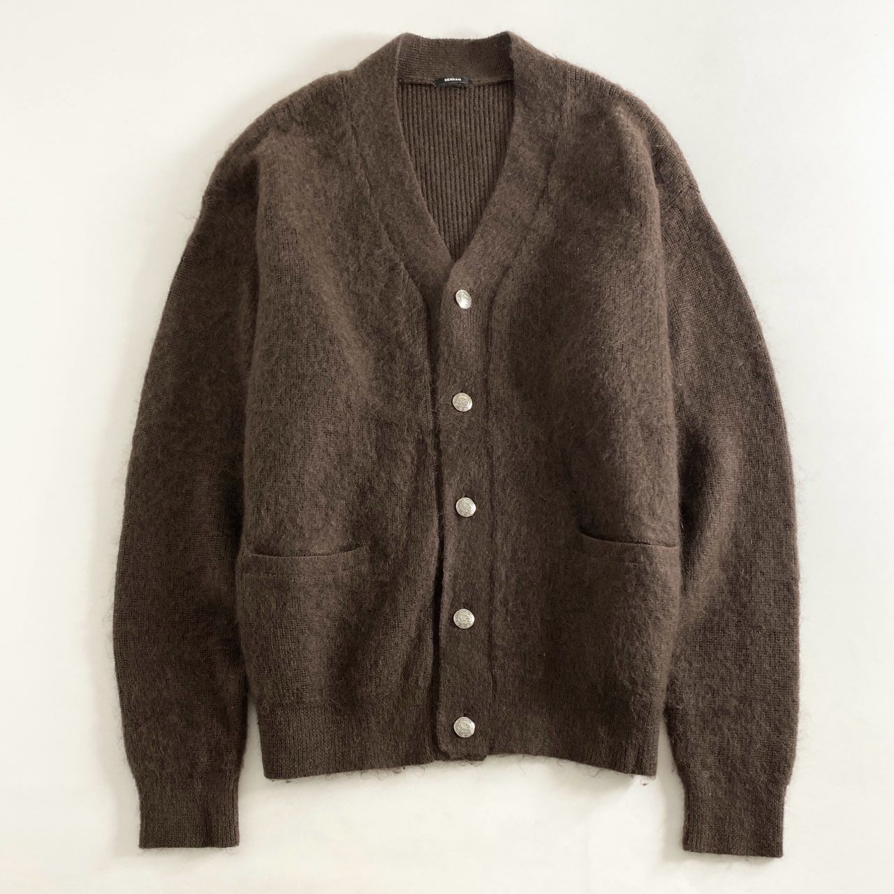 81h12 《美品》 DENHAM デンハム 01-21-10-71-882 カーディガン 長袖 シャギー ニット Vネック コンチョボタン 銀ボタン  Lサイズ ブラウン ウール モヘヤ シルク