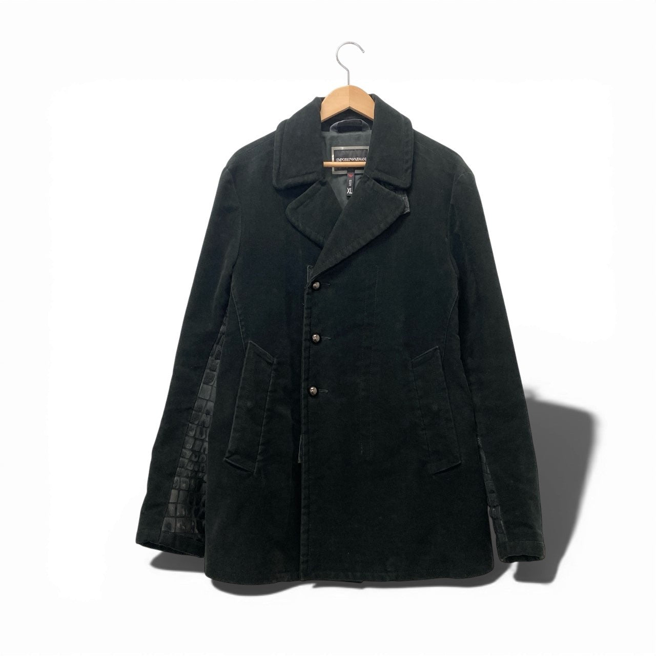 51c13 EMPORIO ARMANI エンポリオアルマーニ ハラコ切替 チェスターコート アウター XL ブラック メンズu02t