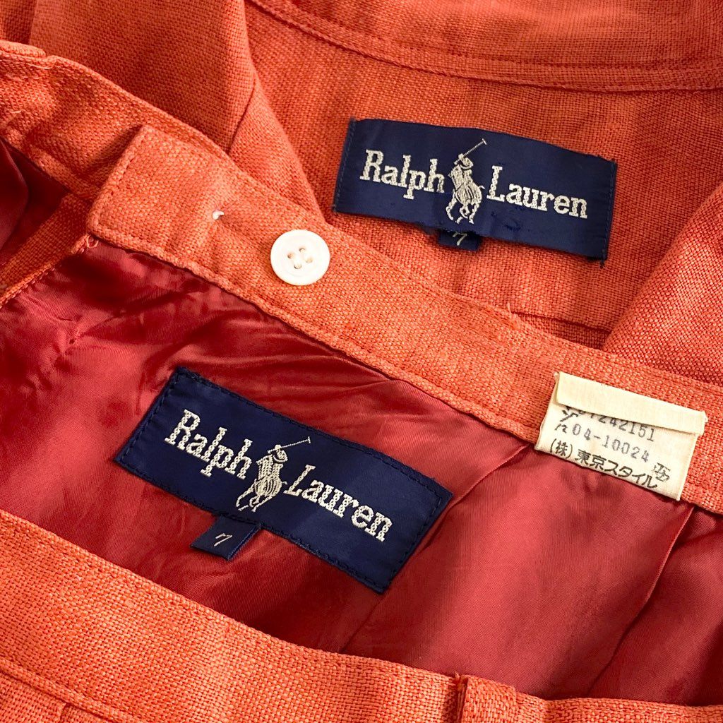 47f19 Ralph Lauren ヴィンテージ ラルフローレン リネン オープンカラーシャツ スカート セットアップ リネンシャツ サイズ7 オレンジ系 レディース