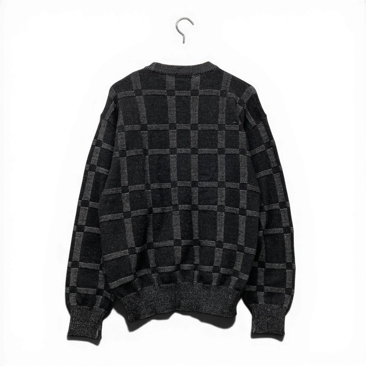 62g7 YVES SAINT LAURENT イヴサンローラン ロングスリーブ ニットセーター チェック柄 サイズL ブラック ウール100％ メンズ 紳士服o07t