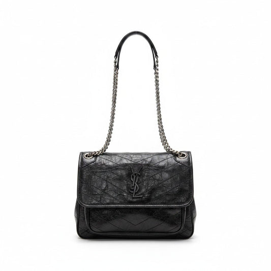 YVES SAINT LAURENT イヴサンローラン YSL Niki ニキ チェーンショルダー 2way バッグ ブラック シルバー レザー レディースta1