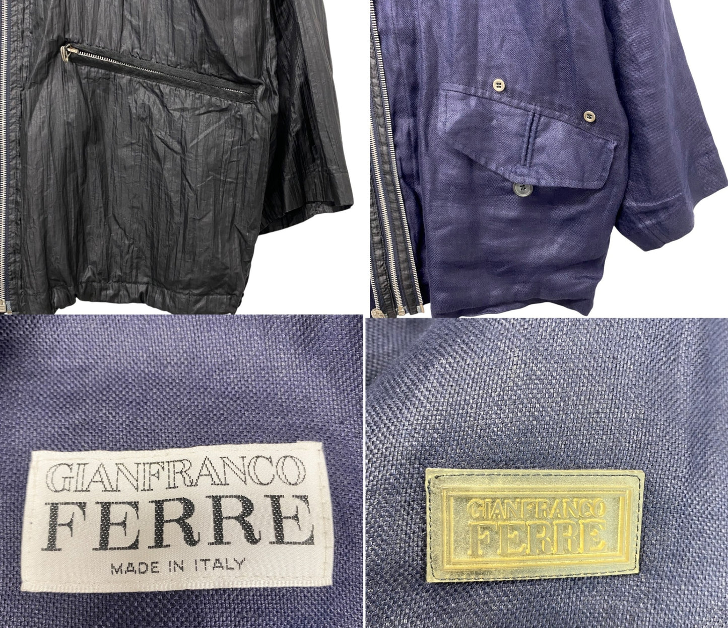 70e18 GIANFRANCO FERRE ジャンフランコフェレ ジップアップジャケット リネンジャケット 2way 異素材切替 サイズ48 ネイビー ブラック リネン ポリエステル メンズ 紳士服u02t