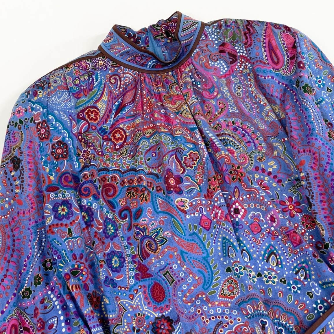65d16 LEONARD FASHION レオナール ロングワンピース 総柄プリント ペイズリー柄 花柄 ベルト付 サイズM ブルー ウール シルク レディース 女性用u02t