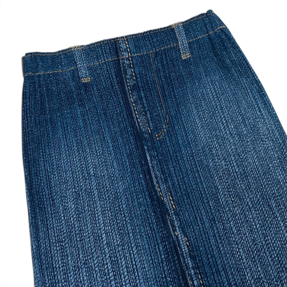 Aj15 【美品】 PLEATS PLEASE プリーツプリーズ デニム転写プリントスカート PP41-JG923 サイズ3 ブルー ポリエステル100％ レディースu02t
