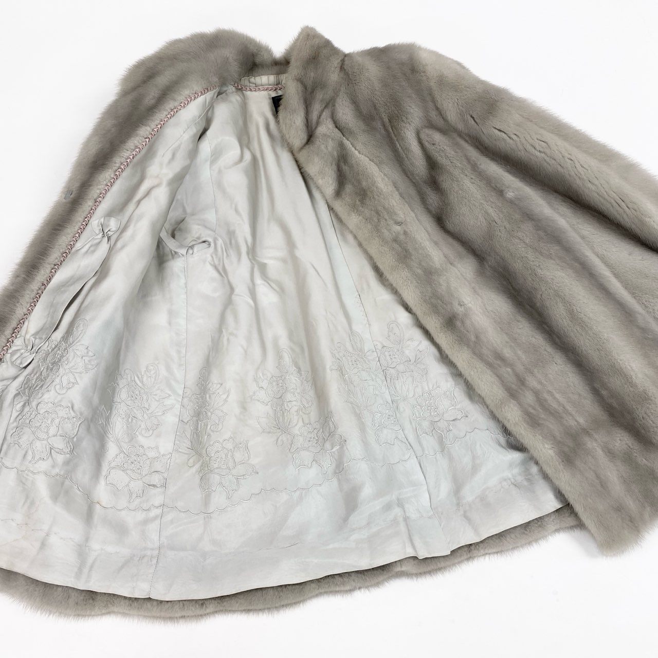 26L5 PRELIOT プレリオット サファイアミンク ロングコート サイズ13号 シルバーグレー 本毛皮 MINK FUR 裏地刺繍 ポケット有t18r
