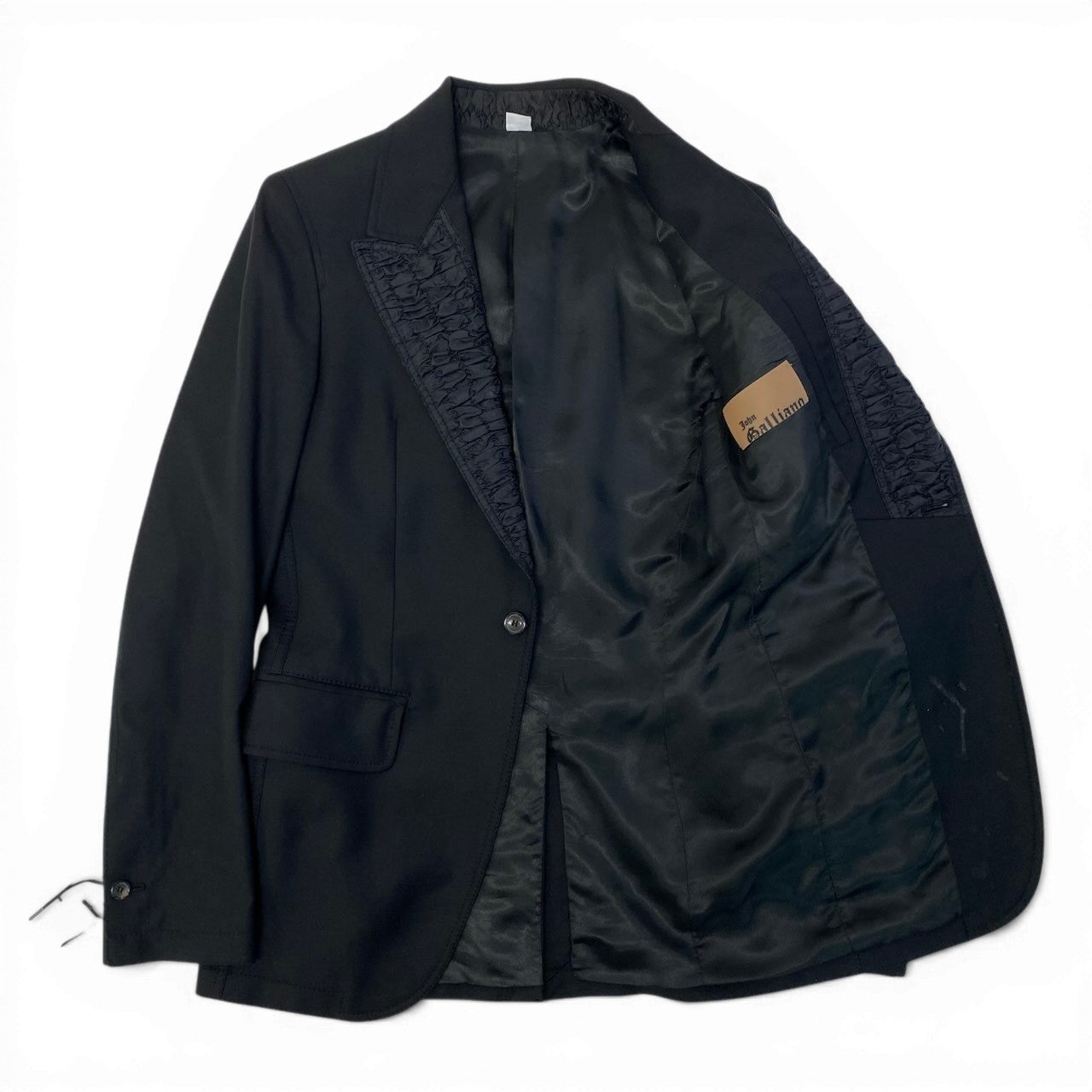 21c18 John Galliano ジョンガリアーノ ロングジャケット テーラードジャケット フォーマル ギャザー レディース 女性用 44 ブラック ウール100％o07t