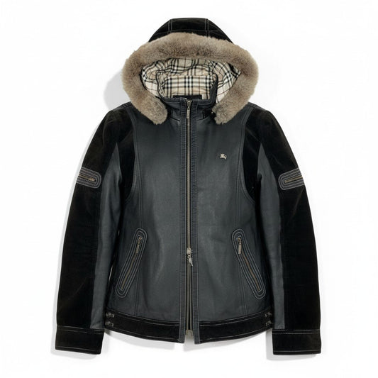 4d16 BURBERRY BLACK LABEL バーバリー ブラックレーベル 中綿 レザージャケット フーデッドジャケット 2way コーデュロイ切替 ラビットファー サイズM ブラック メンズ 紳士服u02t