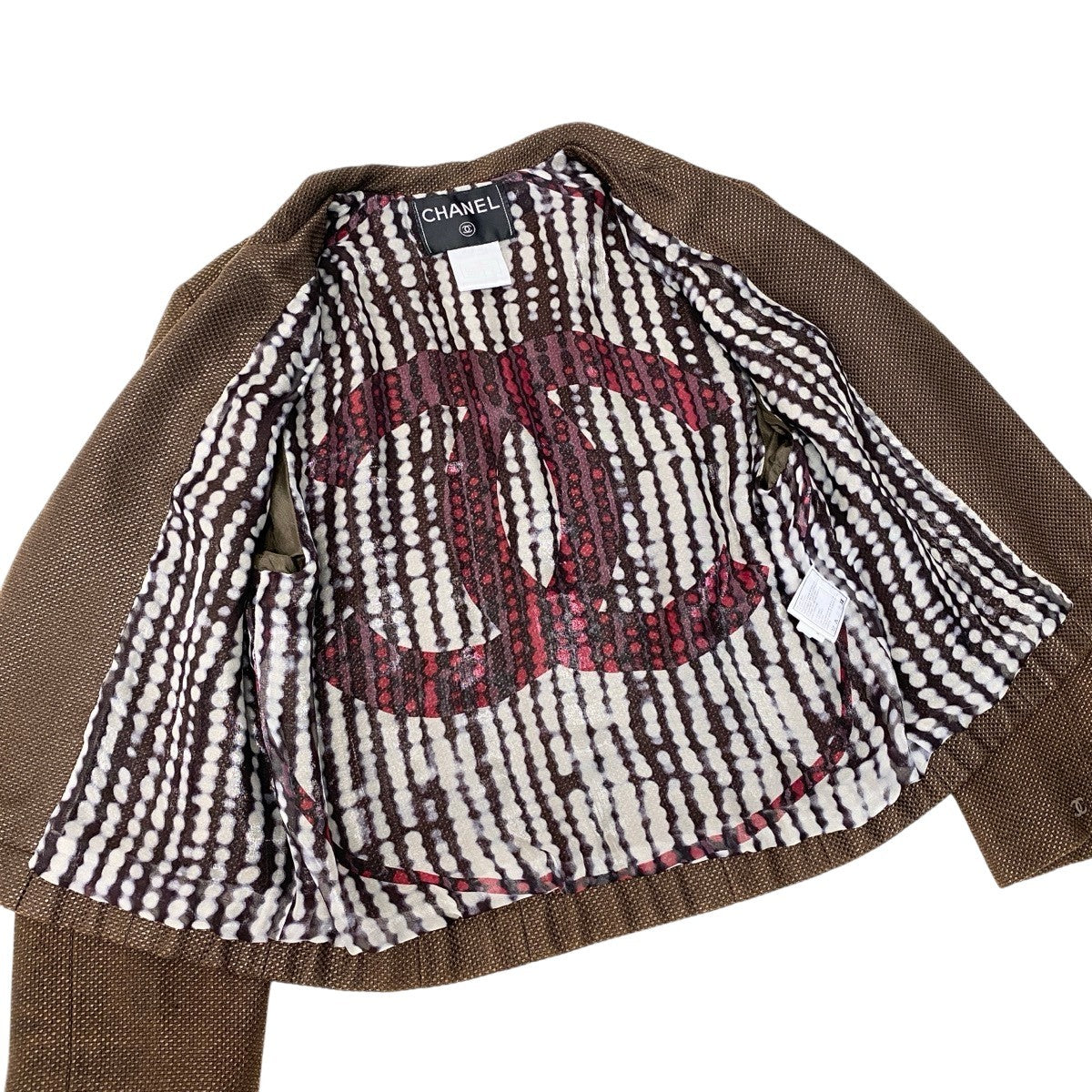 Cf12 CHANEL シャネル ココマーク テーラードジャケット 裏地ビッグロゴプリント サイズ38 ブラウン レディース 女性用k02i