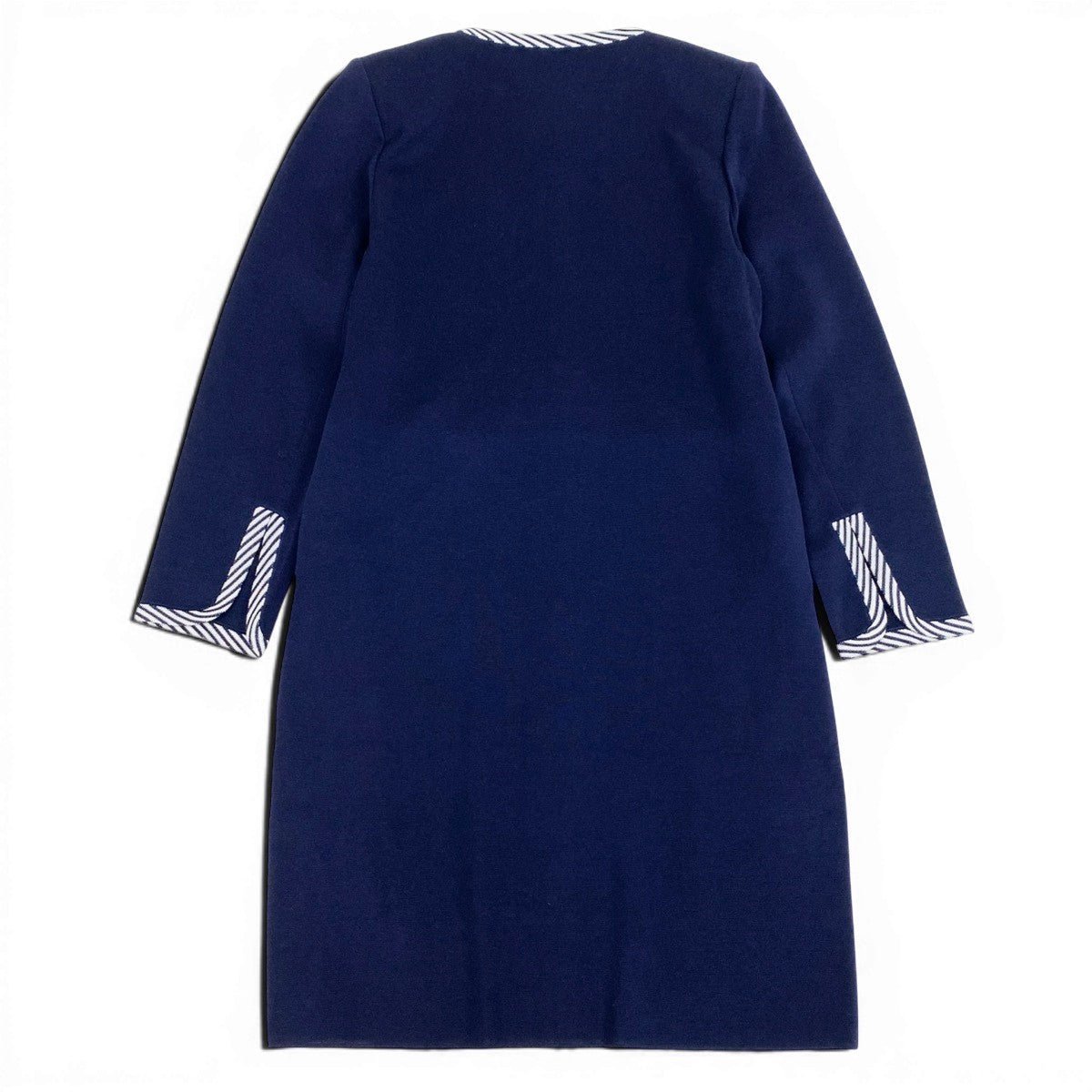 Eg11 YVES SAINT LAURENT イヴサンローラン ノーカラー ニットコート ストライプ柄 サイズL ネイビー レディースo07t