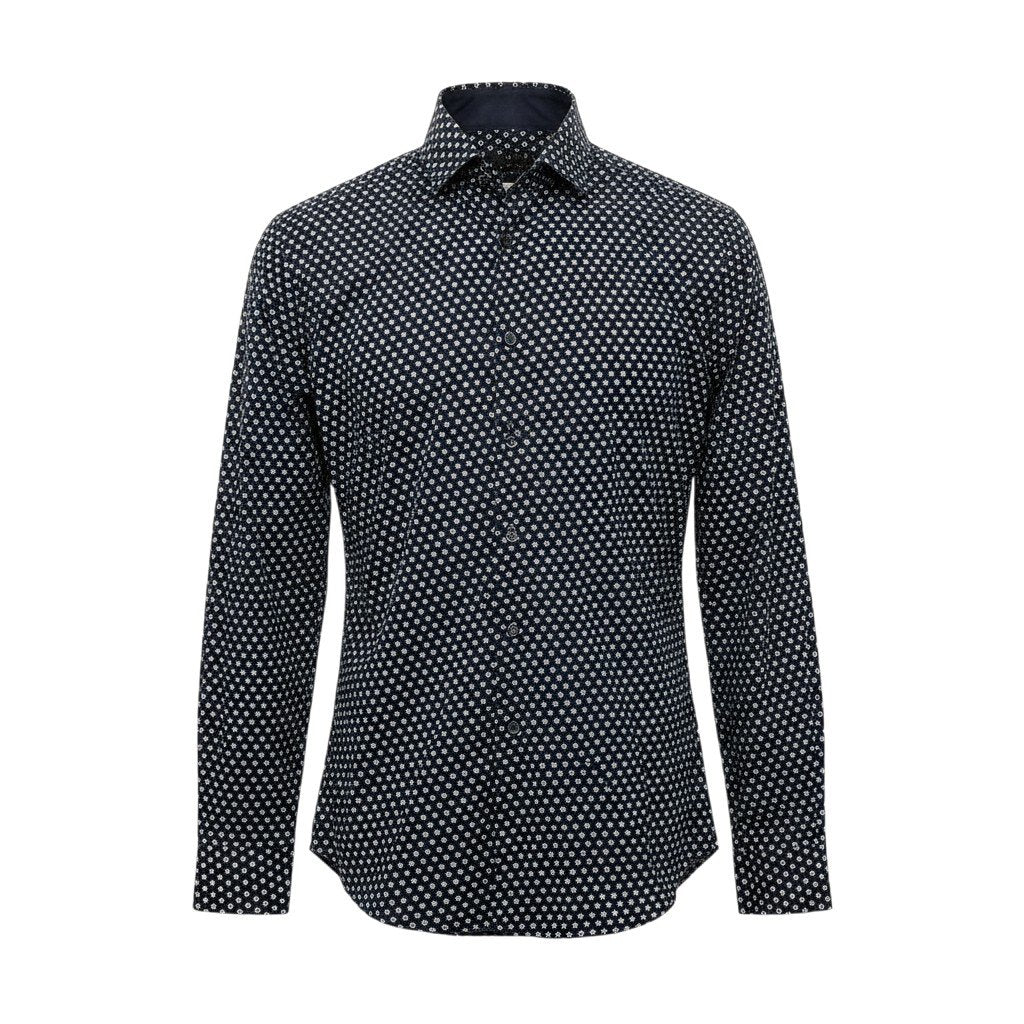 24j14  GIORGIO ARMANI ジョルジオアルマーニ 長袖シャツ メンズシャツ コットンシャツ 総柄シャツ 38/15 ネイビー 綿100％ メンズ 男性用u02t